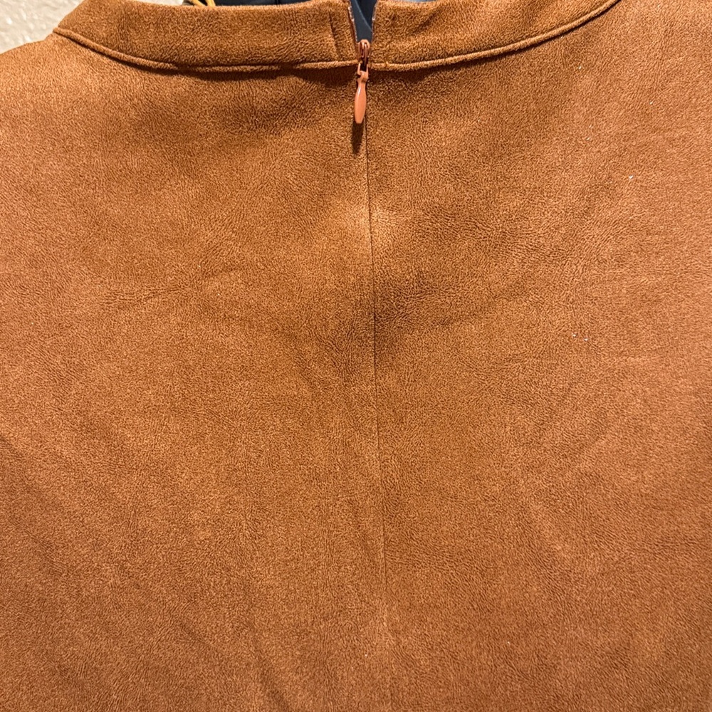 VOY sparkle camel ruffle ASYMETRICAL hem suede mini puff sleeve dress LARGE - Picture 8 of 11